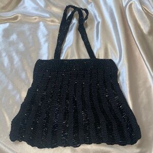 Black Beaded and Woven Mini Purse / Clutch